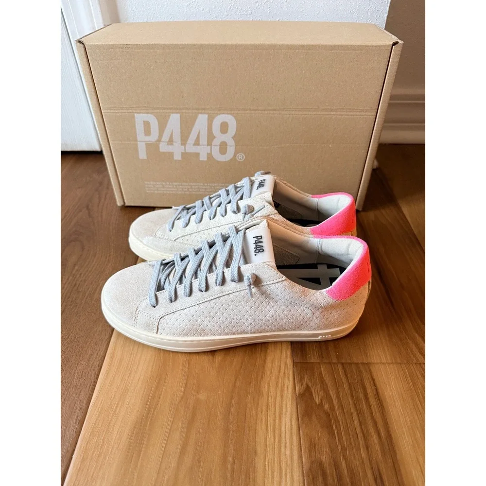 P448 John Low Top Sneakers Beige‎ Perforated Suede Neon Pink Heel 38 / 8